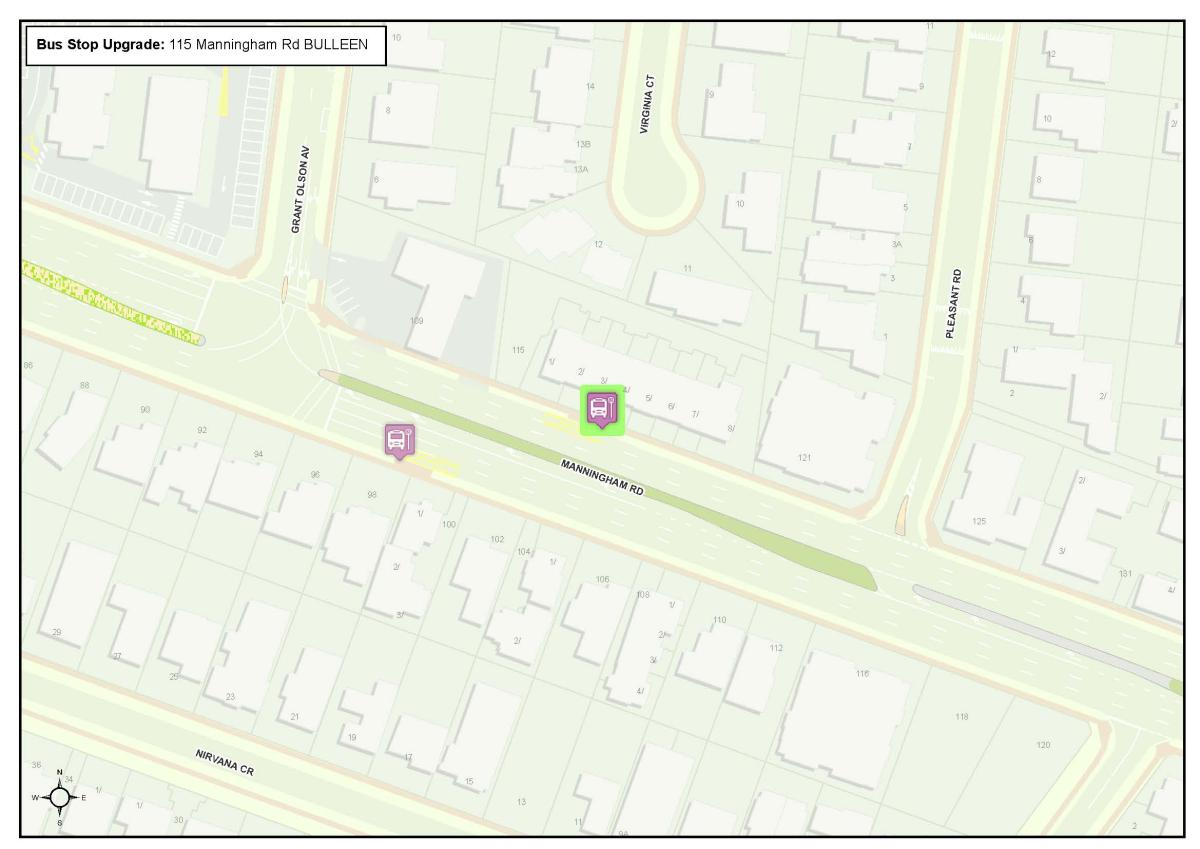 Map of bus stop at 115-119 Manningham Road, Bulleen