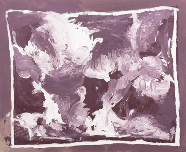 Rough splotches of thick purple and white paint sit within a white square