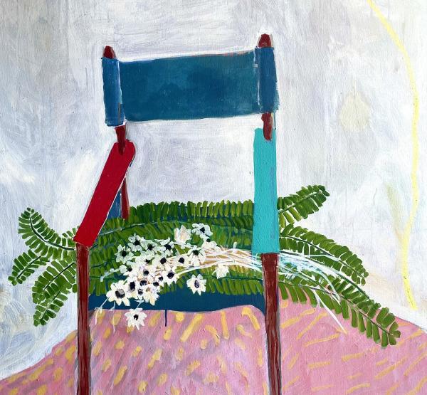 A roughly painted chair with fern frond and white flowers on its seat sits against a pale background and a purple foreground with yellow streaks through it.