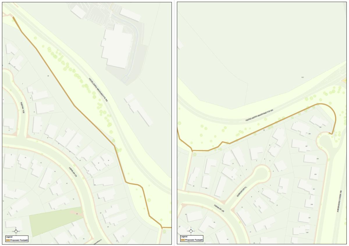 A map with line markings showing the location of the proposed footpath along Heidelberg Warrandyte Road, Doncaster East