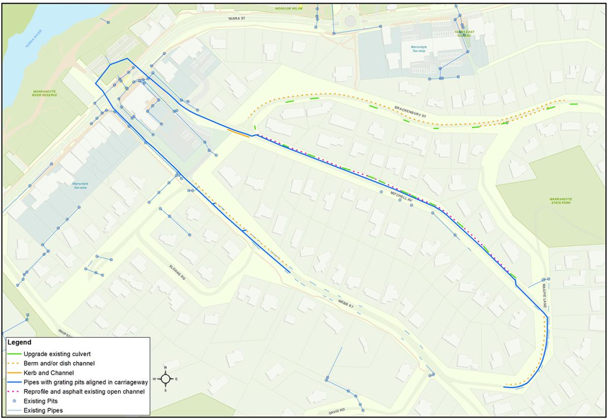 A map showing the location of the proposed drainage upgrade along Mitchell Street, Warrandyte.