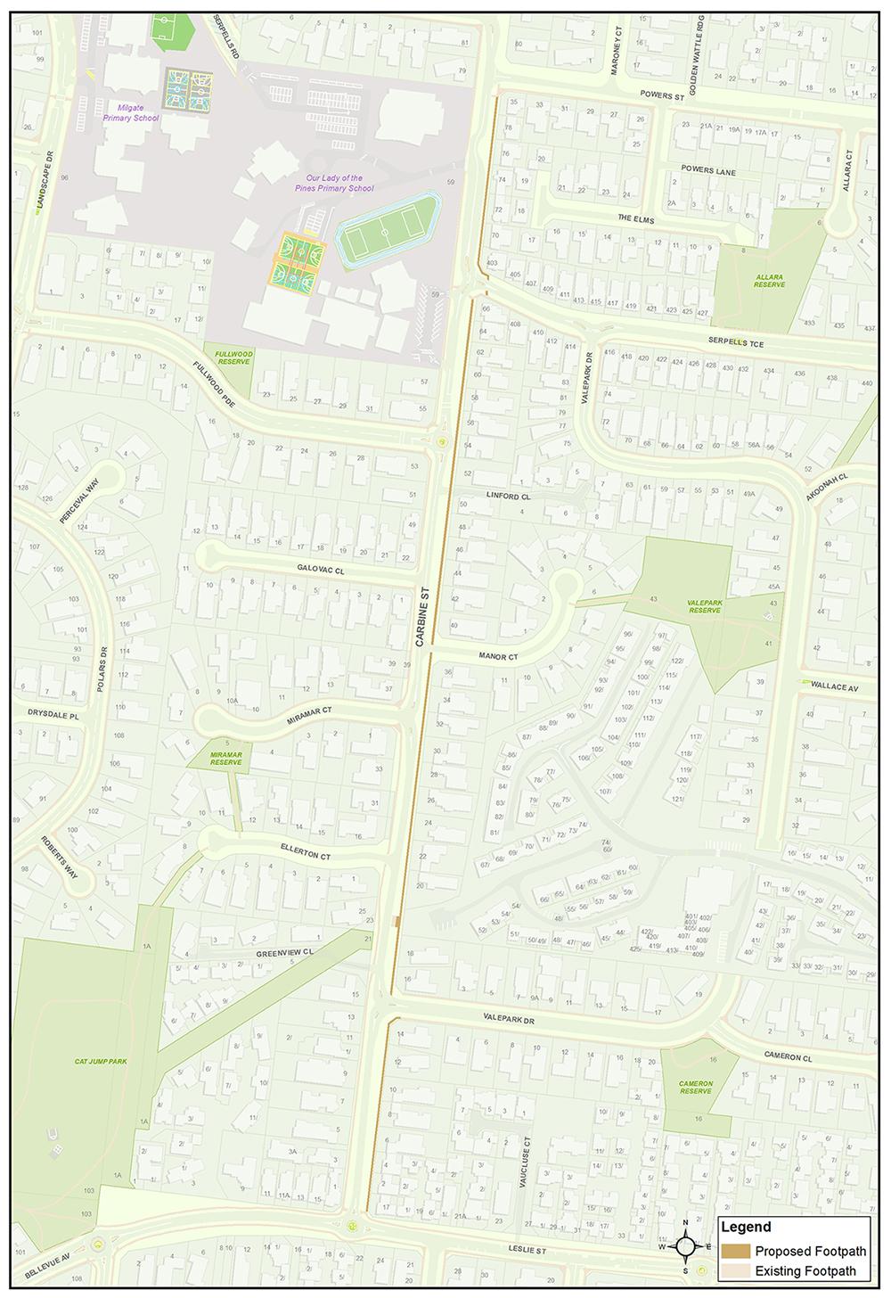 A map showing the location of the proposed footpath construction along Carbine Street, Donvale