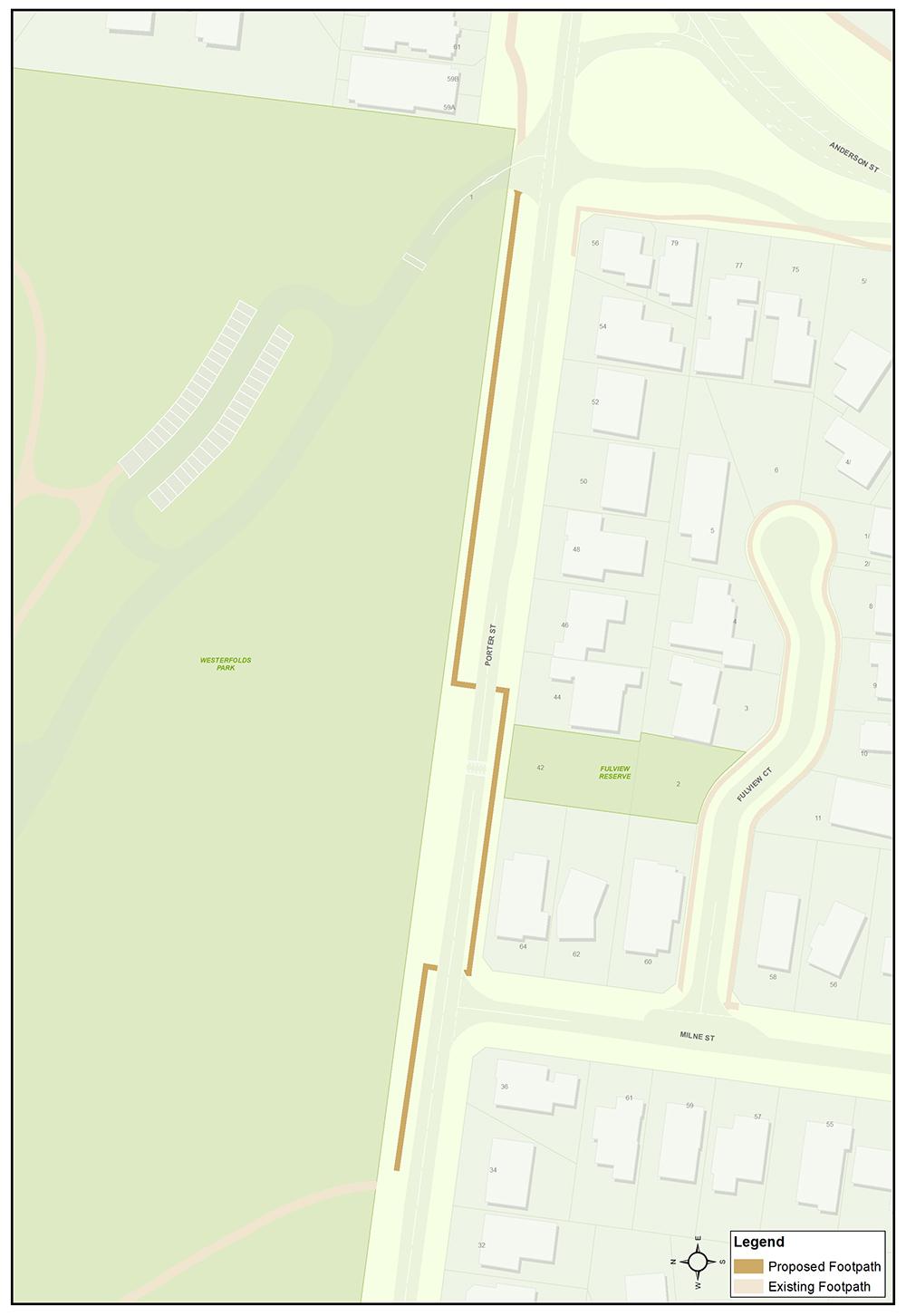 A map showing the location of the proposed footpath construction along Porter Street, Templestowe.