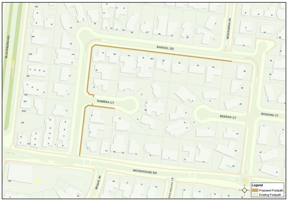 A map showing the location of the proposed footpath construction along Banool Quadrant, Doncaster East