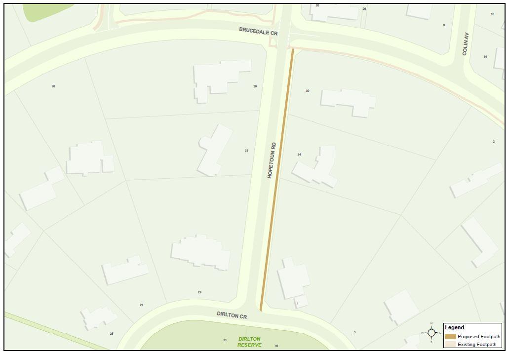 A map showing the location of the proposed footpath construction along Hopetoun Road, Park Orchards.