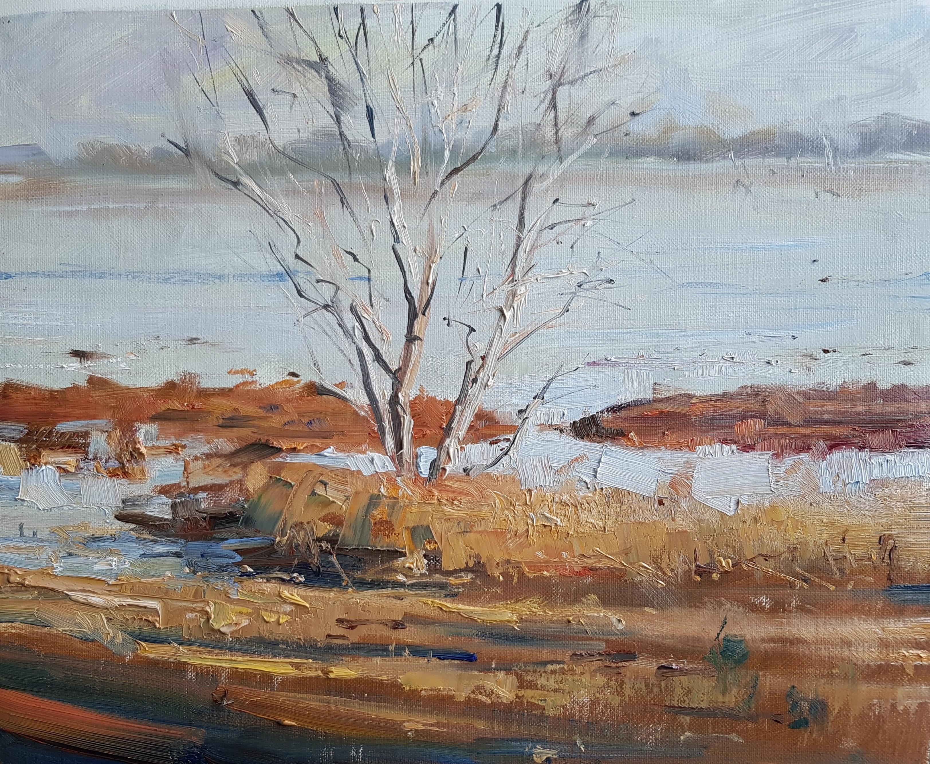 Oil painting of a dead tree in a river